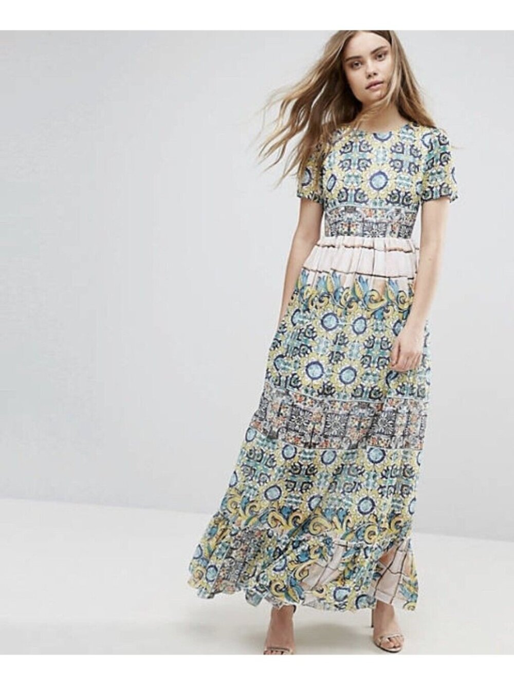 Traffic People Flowy Maxi Lined Short Sleeves Dress Sz S boho hippie
